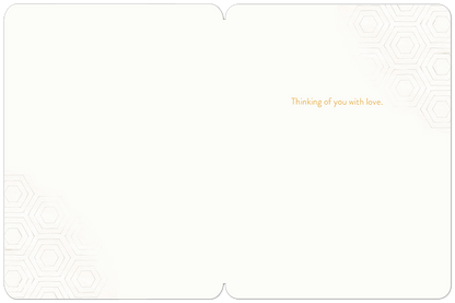 Inside of the 'Bee Well' get well card showing the message 'Thinking of you with love.' and subtle honeycomb details.