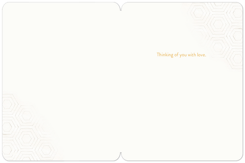 Inside of the 'Bee Well' get well greeting card, showing a clean, blank left panel and the phrase 'Thinking of you with love.' printed in gold on the right panel, with a subtle honeycomb pattern in the corners.