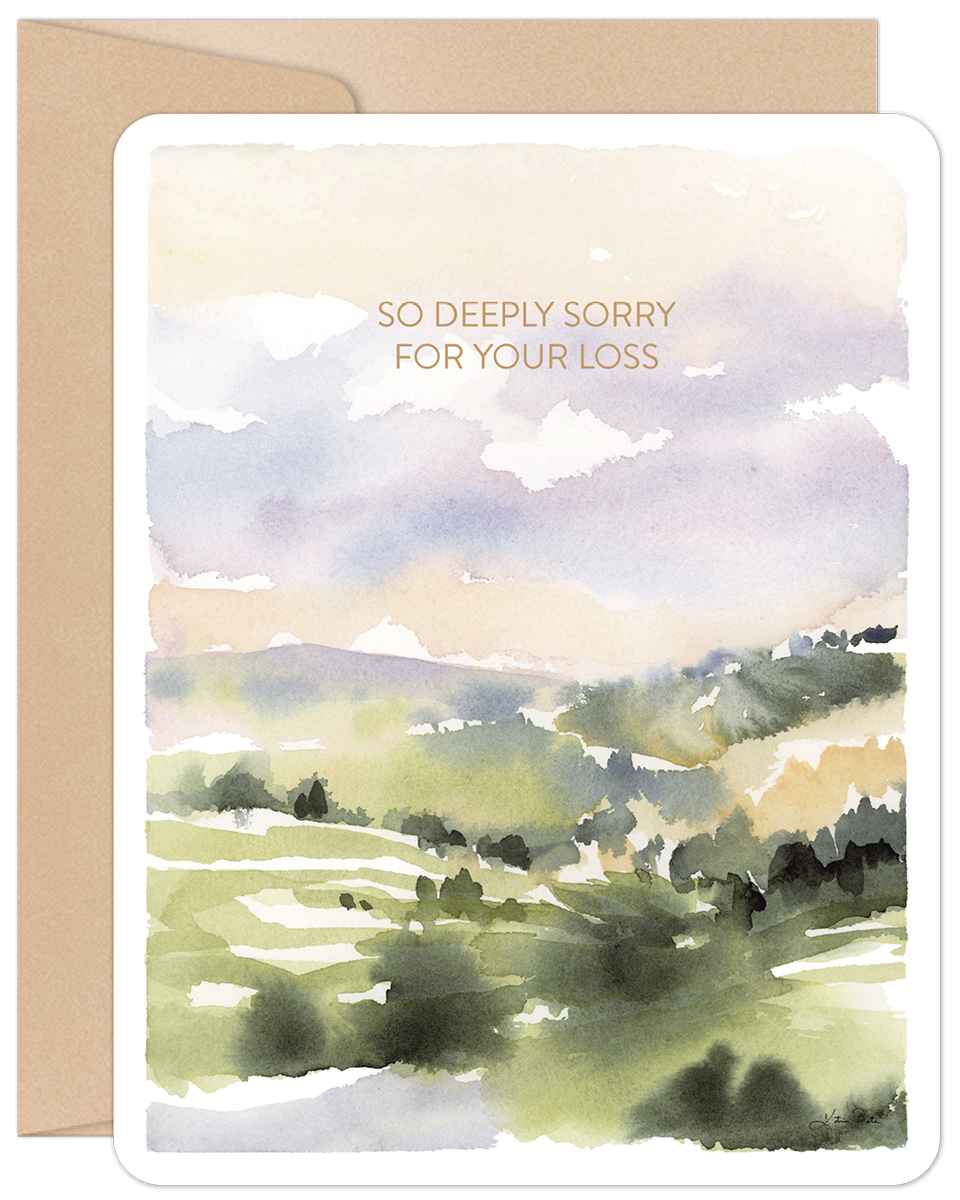 Heartfelt watercolor sympathy card featuring a serene landscape with rolling green hills, a soft sky, and the message 'SO DEEPLY SORRY FOR YOUR LOSS' on the front. Perfect for offering comfort during bereavement.