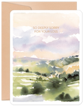 Heartfelt watercolor sympathy card featuring a serene landscape with rolling green hills, a soft sky, and the message 'SO DEEPLY SORRY FOR YOUR LOSS' on the front. Perfect for offering comfort during bereavement.