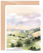 Heartfelt watercolor sympathy card featuring a serene landscape with rolling green hills, a soft sky, and the message 'SO DEEPLY SORRY FOR YOUR LOSS' on the front. Perfect for offering comfort during bereavement.