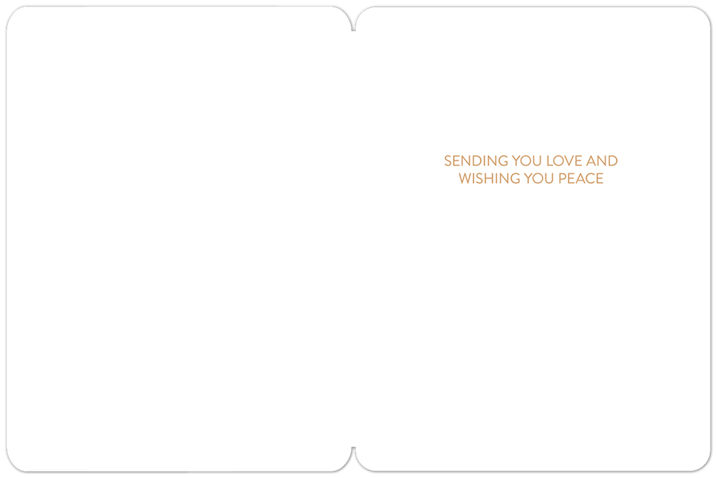 Open watercolor sympathy greeting card with an interior message 'SENDING YOU LOVE AND WISHING YOU PEACE' on the right panel, offering a blank left panel for a personalized condolence message.