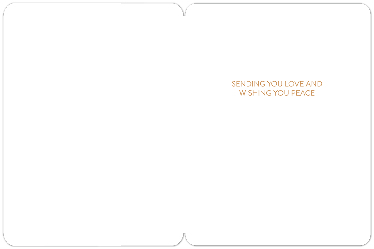 Open watercolor sympathy greeting card with an interior message 'SENDING YOU LOVE AND WISHING YOU PEACE' on the right panel, offering a blank left panel for a personalized condolence message.