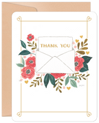 Front of a heartfelt gratitude greeting card featuring a watercolor illustration of an open white envelope with 'THANK YOU' text, surrounded by vibrant pink and red flowers, green leaves, and small golden hearts, all framed by an elegant gold border on a white background.