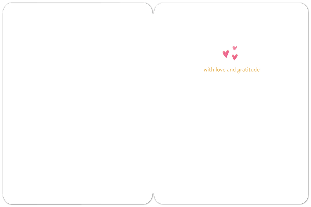 Open heartfelt gratitude greeting card revealing a blank interior on the left panel and a simple message 'with love and gratitude' in delicate orange font on the right panel, adorned with three small pink hearts.