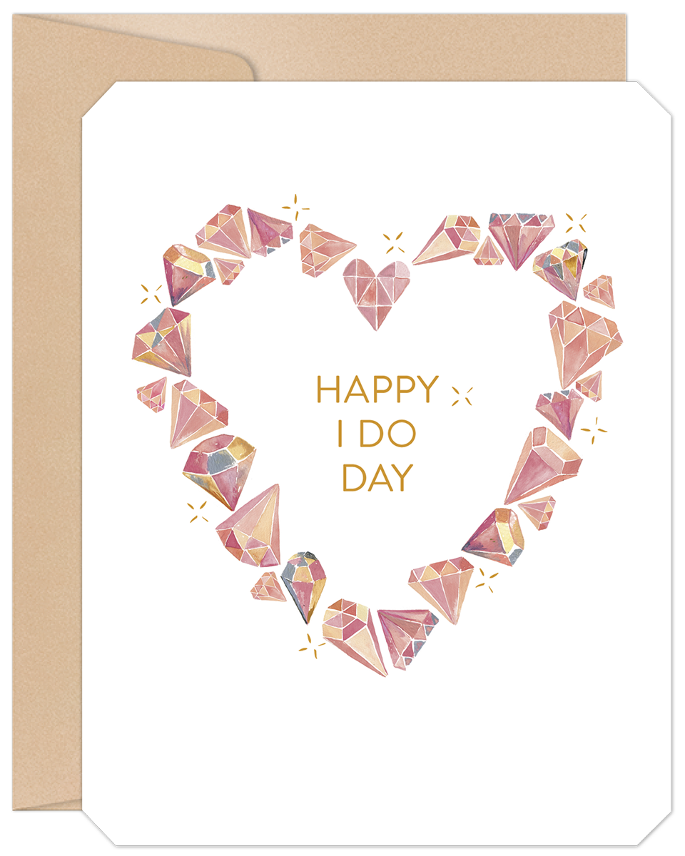 Front of 'Happy I Do Day' wedding card with watercolor pink and gold diamonds forming a heart.
