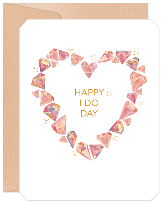Front of 'Happy I Do Day' wedding card with watercolor pink and gold diamonds forming a heart.