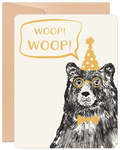 Funny greeting card with a bear wearing a party hat, gold glasses, and a bow tie, exclaiming 'WOOP! WOOP!' on a cream background, perfect for a celebration.