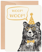 Funny greeting card with a bear wearing a party hat, gold glasses, and a bow tie, exclaiming 'WOOP! WOOP!' on a cream background, perfect for a celebration.
