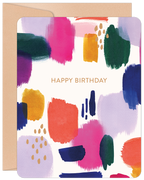 Vibrant abstract art greeting card featuring colorful brushstrokes in pink, purple, orange, blue, and gold with 'HAPPY BIRTHDAY' text and a kraft envelope. Perfect for sending joyful wishes to a friend.