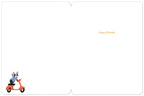 Inside of a minimalist white greeting card with 'Happy Birthday' written in orange script on the right side. A small French Bulldog on an orange scooter is in the bottom left corner, leaving ample space for a personal message.