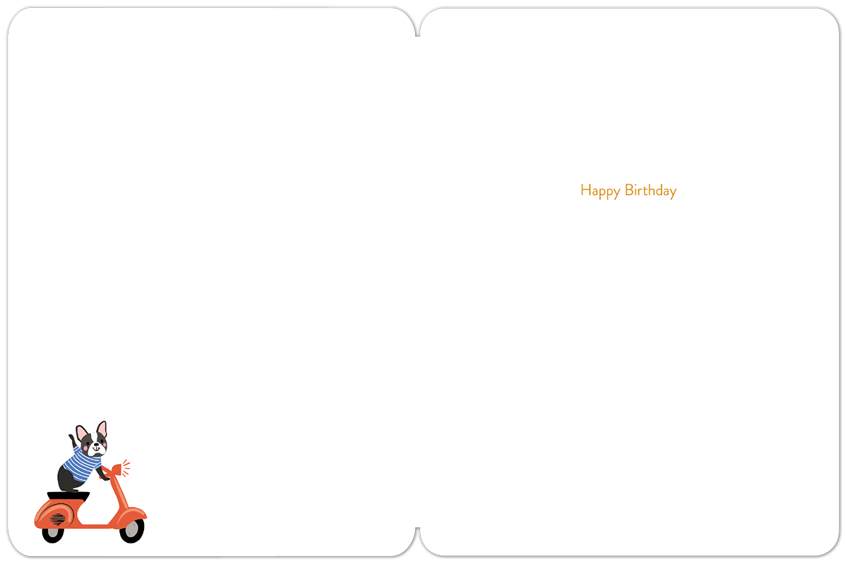 Inside of a minimalist white greeting card with 'Happy Birthday' written in orange script on the right side. A small French Bulldog on an orange scooter is in the bottom left corner, leaving ample space for a personal message.