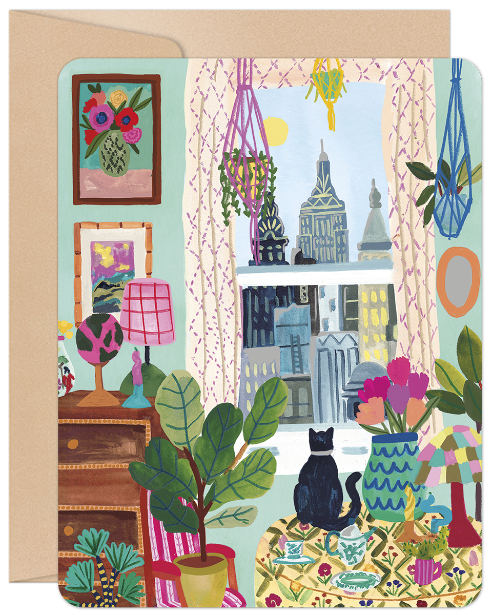 SEO-optimized alt description for a greeting card featuring a vibrant illustration of a cozy indoor scene. A black cat sits on a patterned sofa, looking out a window at a city skyline. The room is decorated with numerous potted plants, macrame hangers, colorful lamps, and framed artwork, creating a cheerful, artistic, and inviting atmosphere. The card has rounded corners and a brown envelope visible behind it.