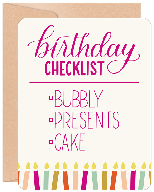 Lighthearted greeting card for friends featuring a 'birthday checklist' with bubbly, presents, and cake, surrounded by colorful candles.