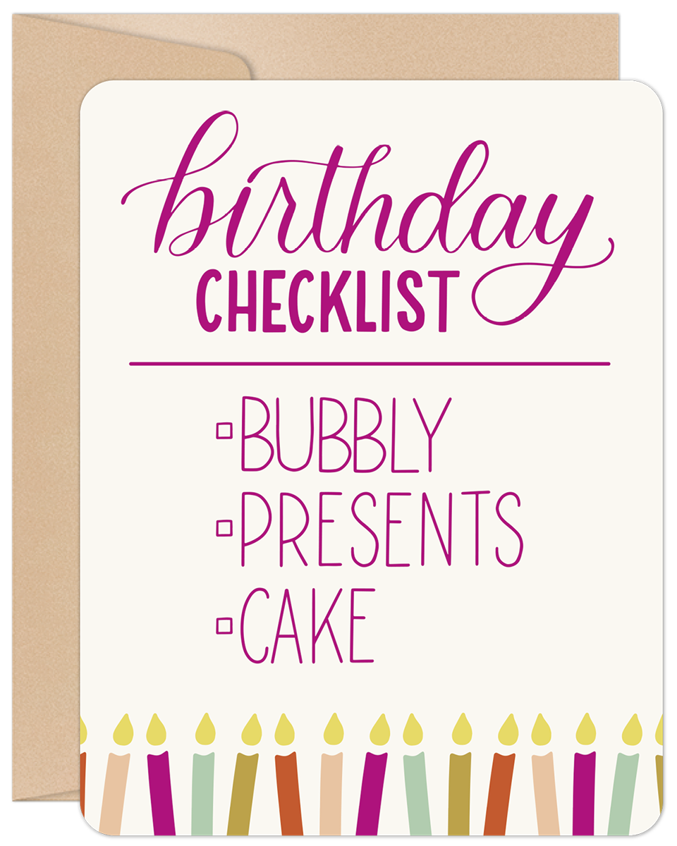Front view of a lighthearted celebration card with 'Birthday Checklist' text, featuring checkboxes for 'Bubbly', 'Presents', and 'Cake' in pink script, accented with colorful candles and presented with a kraft envelope.