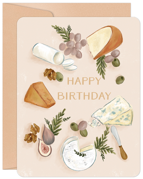 Elegant birthday greeting card featuring a detailed watercolor illustration of a charcuterie board with various gourmet cheeses like brie, blue cheese, and cheddar, alongside green grapes, dark figs, green olives, walnuts, and a cheese knife, all on a light peach background with 'HAPPY BIRTHDAY' text. Perfect for food lovers.