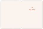 The inside of a minimalist greeting card, showing a plain off-white background with 'Happy Birthday' written in a delicate script with two small pink hearts in the top right corner, providing ample space for a personalized message.