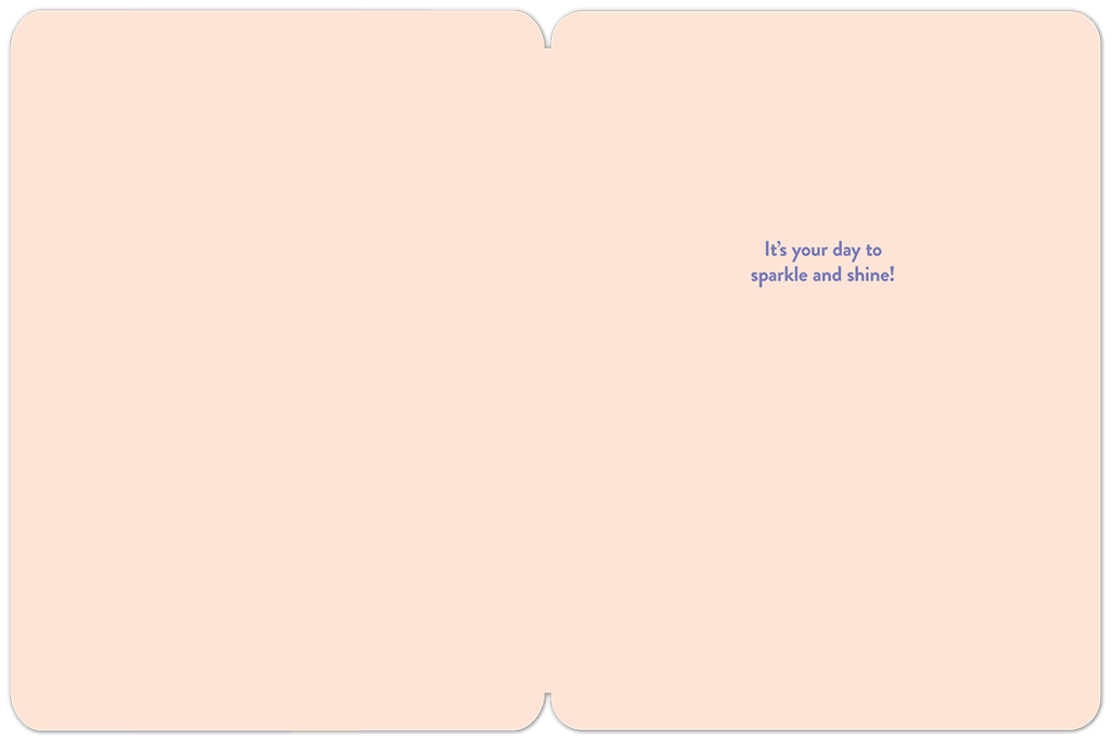 Inside view of a light pink greeting card with a simple, elegant dark blue message on the right side reading: 'It's your day to sparkle and shine!' providing space for a personal handwritten note.