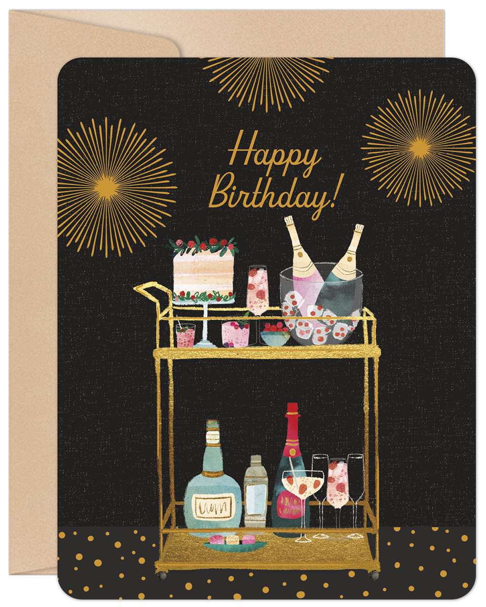 A sophisticated black greeting card featuring a golden bar cart laden with champagne bottles in an ice bucket, cocktails, a layered birthday cake, and desserts, surrounded by radiating gold confetti bursts.