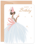 Elegant woman in a light blue ball gown and pink party hat holding a small cake with a candle, with gold 'Happy Birthday' script and star accents, on a white background with a kraft envelope. Perfect for celebrating her special day.