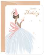 Elegant woman in a light blue ball gown and pink party hat holding a small cake with a candle, with gold 'Happy Birthday' script and star accents, on a white background with a kraft envelope. Perfect for celebrating her special day.
