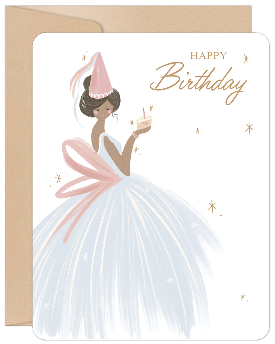 Elegant woman in a light blue ball gown and pink party hat holding a small cake with a candle, with gold 'Happy Birthday' script and star accents, on a white background with a kraft envelope. Perfect for celebrating her special day.