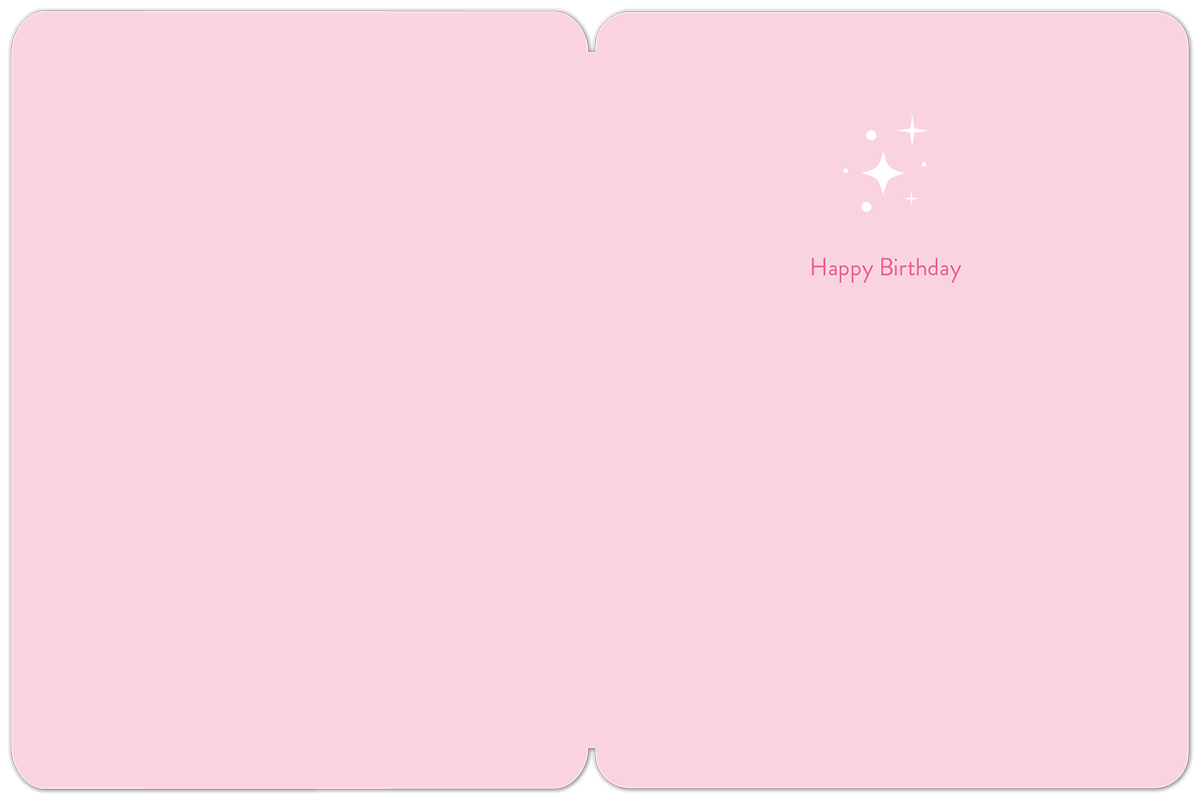 Inside of a light pink celebratory card with small sparkling accents and 'Happy Birthday' printed in a subtle script, ready for a personal message.