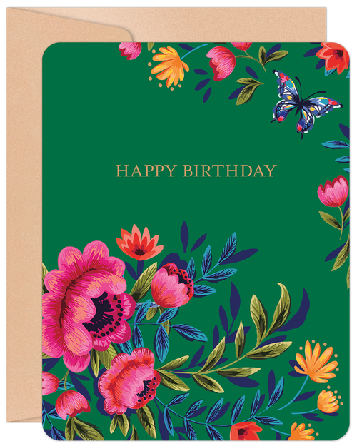 Vibrant green greeting card featuring an array of colorful floral illustrations including pink peonies, orange and red blossoms, and deep blue foliage, accented by a majestic butterfly and 'HAPPY BIRTHDAY' in gold script. Perfect for any celebration.