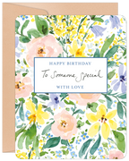 Elegant watercolor floral greeting card for special occasions, featuring pink, yellow, and blue blooms with the message 'Happy Birthday To Someone Special With Love'. Perfect for friends and loved ones.