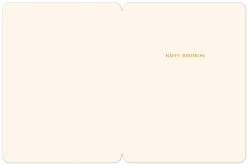 Open greeting card interior showing a minimalist design with 'HAPPY BIRTHDAY' text in gold lettering in the top right corner, offering ample space for a personal message.