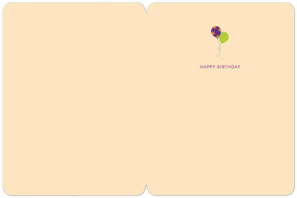 Inside of a greeting card, blank for a personalized message, with two colorful balloons and small 'HAPPY BIRTHDAY' text at the top right.