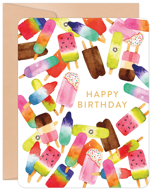 Vibrant birthday greeting card featuring an array of colorful watercolor popsicles and ice cream bars, with 'HAPPY BIRTHDAY' in elegant gold foil lettering on a white background, accompanied by a brown kraft envelope.