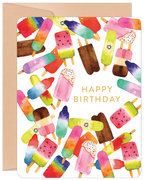 Vibrant birthday greeting card featuring an array of colorful watercolor popsicles including rainbow, watermelon, chocolate, kiwi, and sprinkle designs, with 'HAPPY BIRTHDAY' in gold text, presented with a kraft paper envelope.