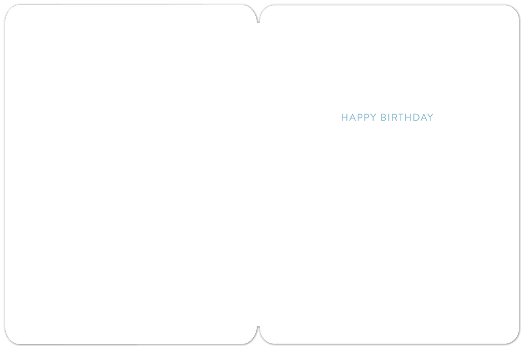 Interior view of a blank white birthday greeting card, revealing a simple 'HAPPY BIRTHDAY' message in light blue font on the right side.