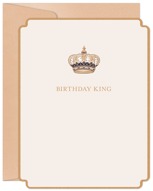 Elegant cream birthday card for him featuring a majestic gold and navy crown, with the text 'BIRTHDAY KING' and a delicate gold border, paired with a light brown envelope.