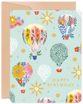 Vibrant hot air balloon greeting card for an inspiring friend, featuring colorful floral designs and 'HAPPY BIRTHDAY' text on a light blue background.