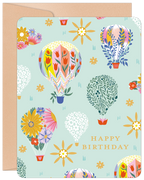 Vibrant hot air balloon greeting card for an inspiring friend, featuring colorful floral designs and 'HAPPY BIRTHDAY' text on a light blue background.