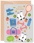 Vibrant, illustrated greeting card featuring various fitness items like blue running shoes, pink dumbbells, a tennis racket, green jump ropes, water bottle, a 'FITNESS 4U' book, a pink gym bag, tennis balls, apples, and white socks, with 'HAPPY BIRTHDAY' and 'BUT FIRST, GYM...' text, set against a light grey background.