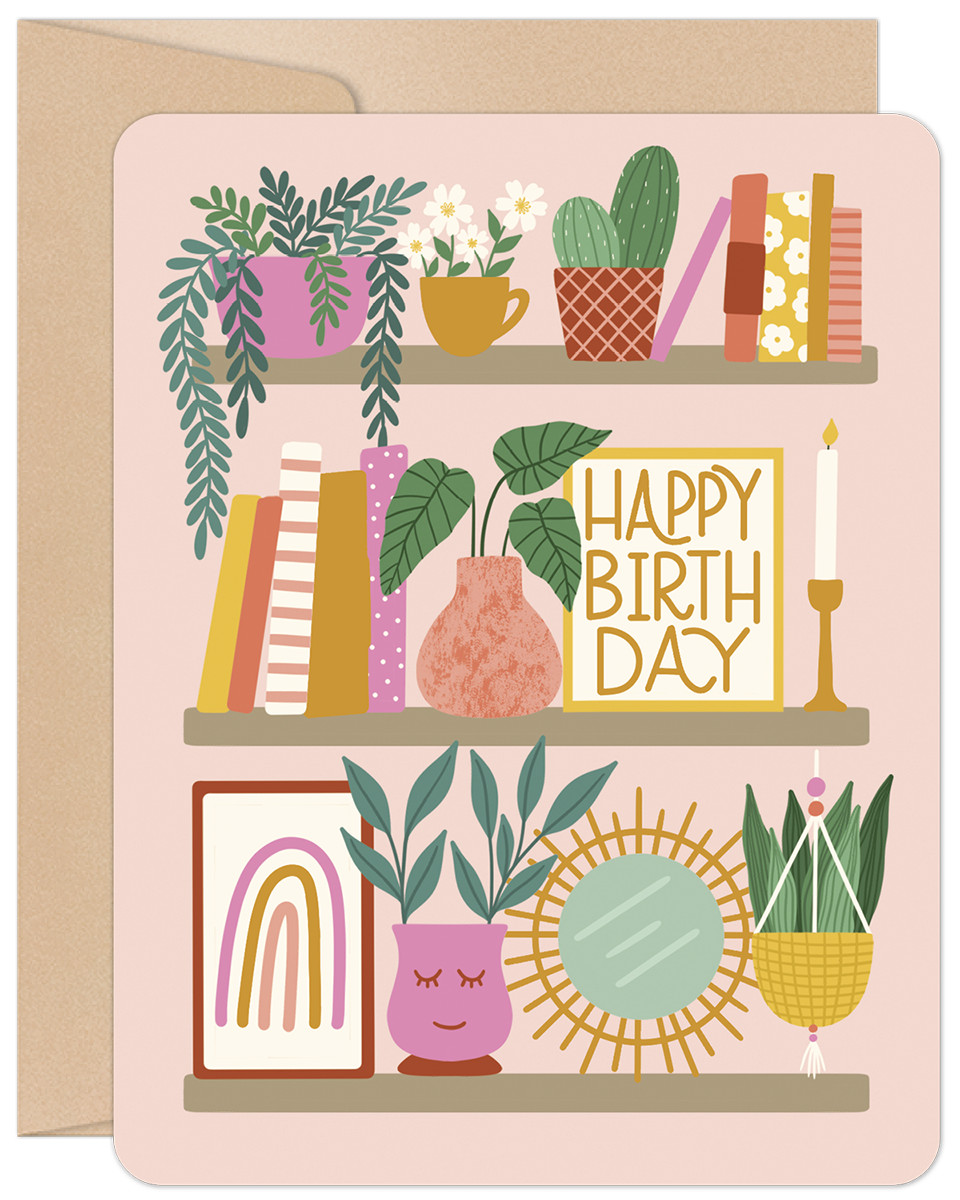 Cute plant shelf greeting card featuring potted greenery, books, a 'HAPPY BIRTHDAY' sign, and bohemian decor on a soft pink background. Ideal for plant lovers.