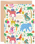Colorful jungle animal birthday card front, featuring zebras, parrots, tigers, a monkey, koala, and an elephant in party hats, surrounded by gifts, balloons, and tropical plants, with 'HAPPY BIRTHDAY' text.