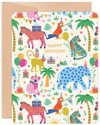 Colorful jungle animal birthday card front, featuring zebras, parrots, tigers, a monkey, koala, and an elephant in party hats, surrounded by gifts, balloons, and tropical plants, with 'HAPPY BIRTHDAY' text.