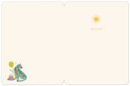 Inside of a cute wild one birthday card, showing a tiger illustration, a birthday cake, balloons, and the text '...WILD ONE!' on a cream background with a small sun icon.