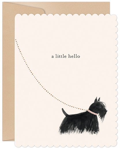 Front of a charming Scottish Terrier greeting card with 'a little hello' text and a cute black Scottie dog on a leash.