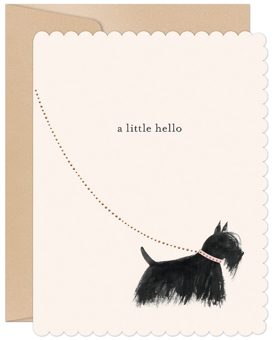 Front of a charming Scottish Terrier greeting card with 'a little hello' text and a cute black Scottie dog on a leash.
