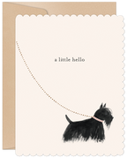 Charming greeting card featuring a whimsical black Scottie dog illustration with a pink collar and dotted leash, walking towards the text 'a little hello' on a scalloped cream background. A brown envelope is visible behind the card. Perfect for sending a cute message to a friend.