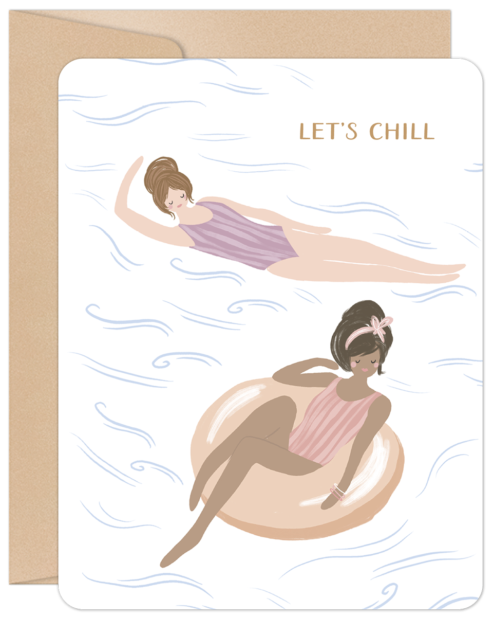 Front of a 'Let's Chill' greeting card showing two women relaxing in a pool, one on a floatie, with a kraft paper envelope.