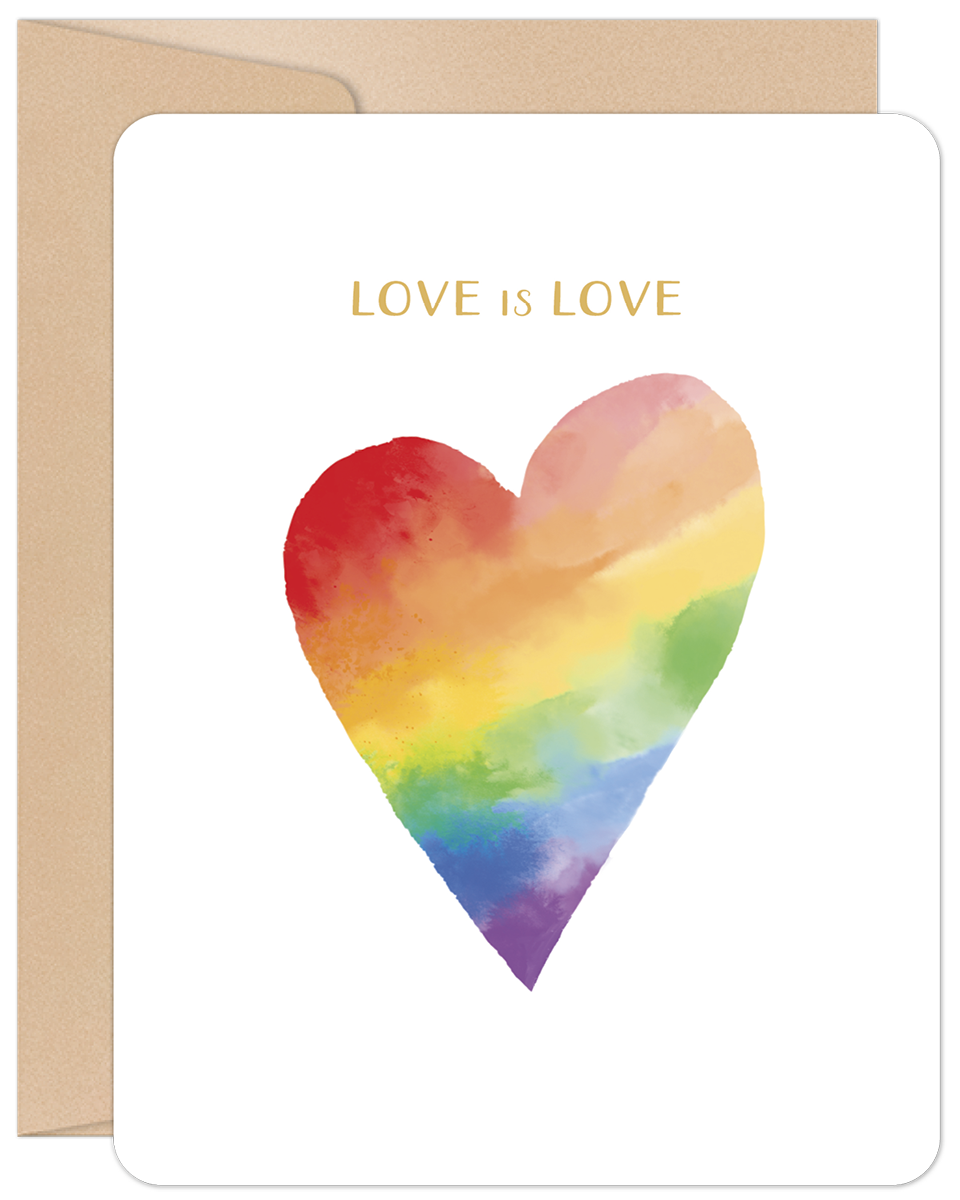 Love is Love rainbow heart greeting card with a watercolor design and a kraft envelope, expressing universal affection and support.