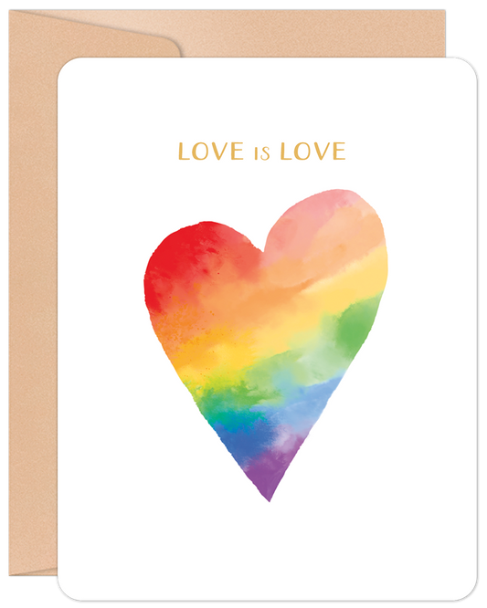 Love is Love rainbow heart greeting card with a watercolor design and a kraft envelope, expressing universal affection and support.