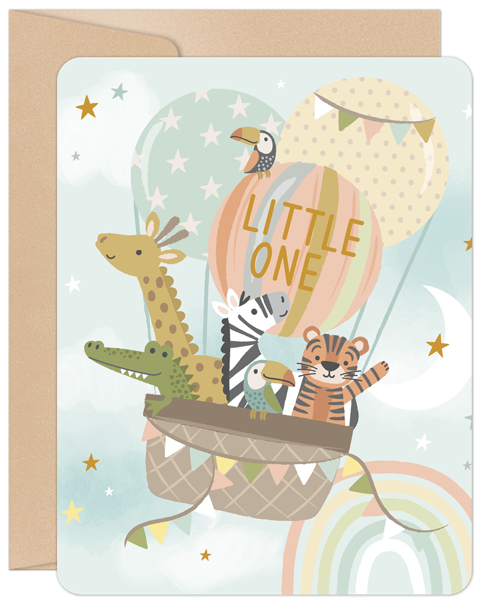 Front of a new baby card with pastel hot air balloons carrying a giraffe, zebra, tiger, alligator, and birds. Text says 'LITTLE ONE'.