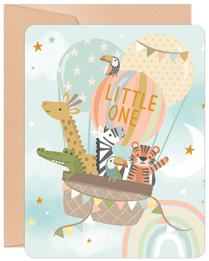 Front of a new baby card with pastel hot air balloons carrying a giraffe, zebra, tiger, alligator, and birds. Text says 'LITTLE ONE'.